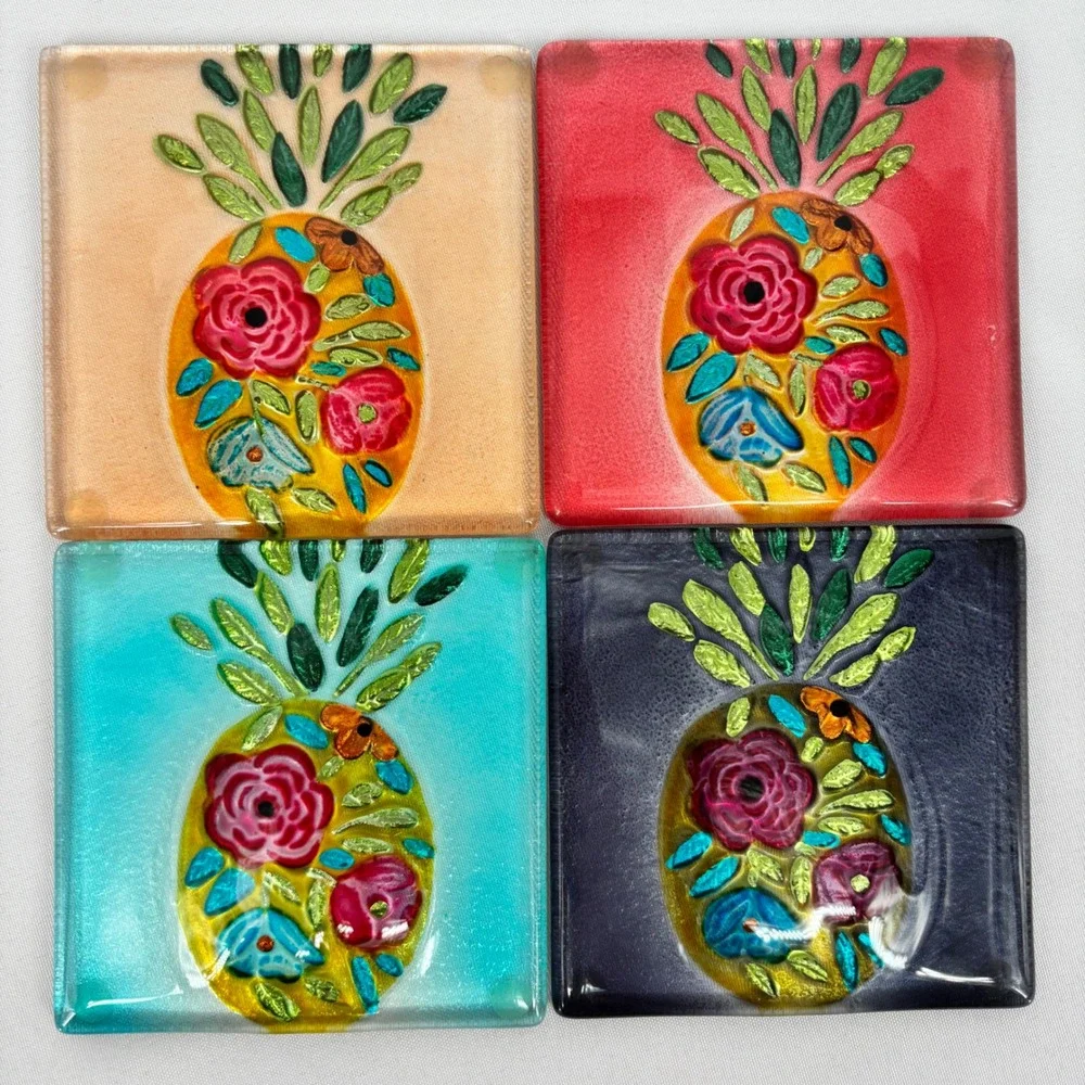 Floral Pineapple Fused Glass Coasters Set of 4 Multicolor Tropical Boho Decor